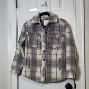 Avec Les Filles Plaid Shacket Jacket Cream Blue XS Wool Blend